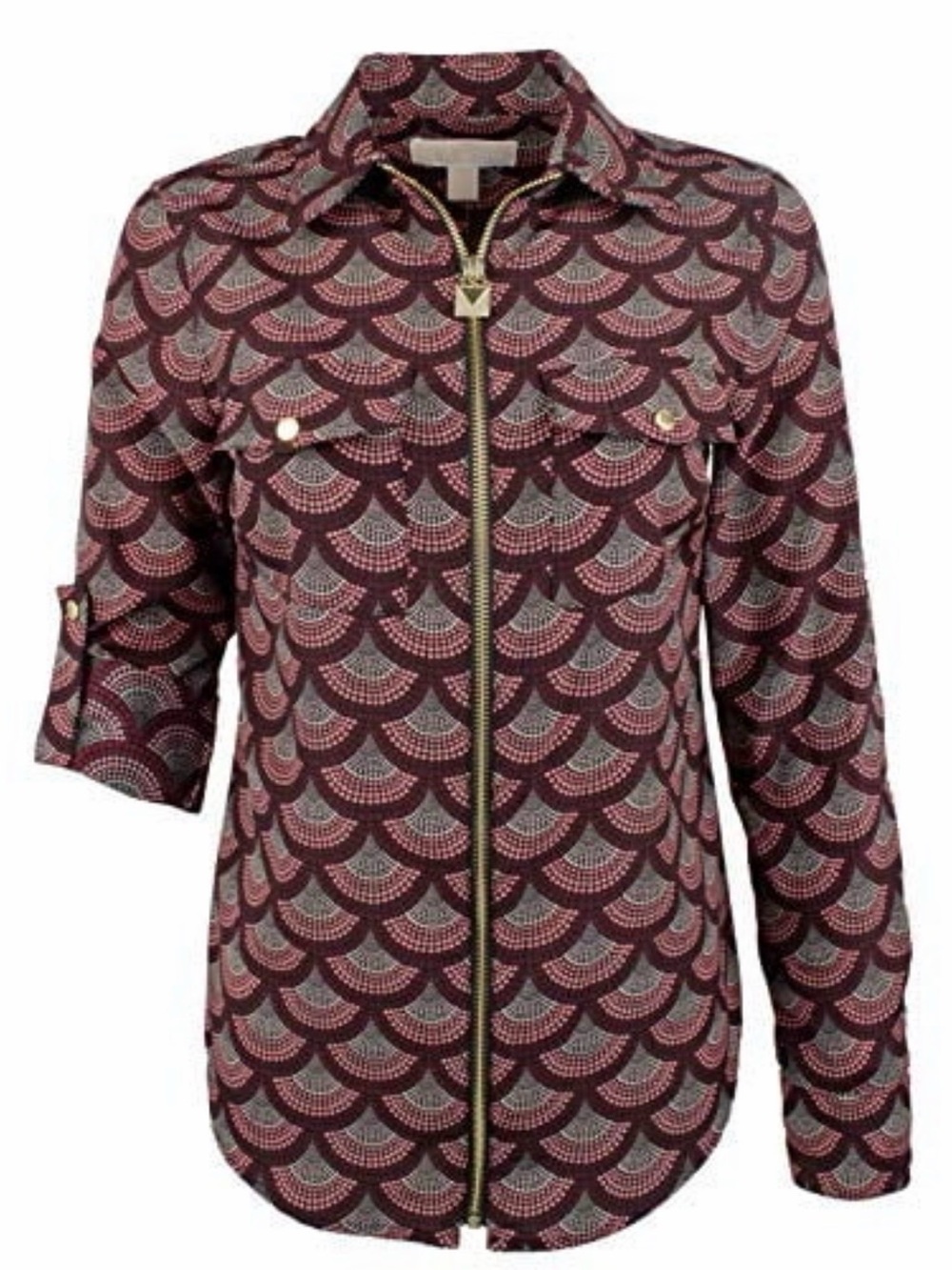 Michael Kors Womens Burgundy Zip-Front Shirt top blouse adjustable sleeves XL - Picture 3 of 11